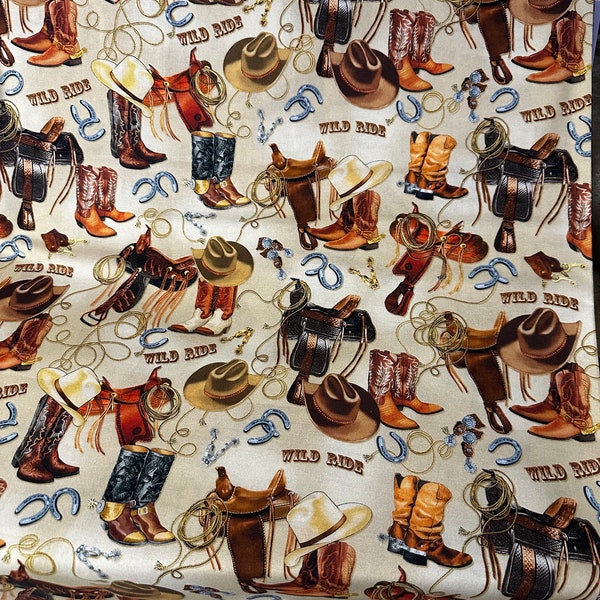 Western Ways Tan 45”. Cotton fabric for quilts or curtains  gorgeous Western fabric!!  Wild ride boots hat