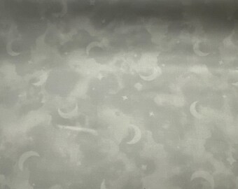 Honey Bunny grey moons and clouds 45”. Cotton fabric for quilts or curtains  baby quilt bunny hot air balloon air plane