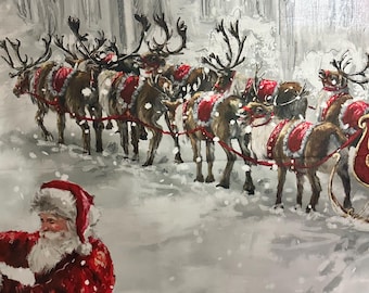 Santa with reindeer Christmas Wishes panel.  Amazing Santa and gifts snow everywhere !  Great for a wall hanging, table runner, or lap quilt