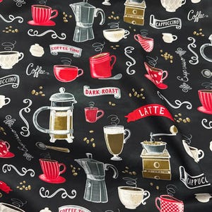 May include: Black fabric with a coffee-themed pattern. The design includes red coffee cups, coffee pots, coffee grinders, and the words "Latte," "Cappuccino," and "Dark Roast." White swirls and coffee beans complete the design.