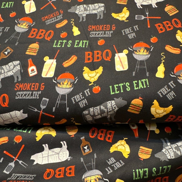 Smoked & Sizzlin black 45”. Cotton fabric for quilts or curtains  great background fabric bbq pig cows grill chicken  chillin n grillin