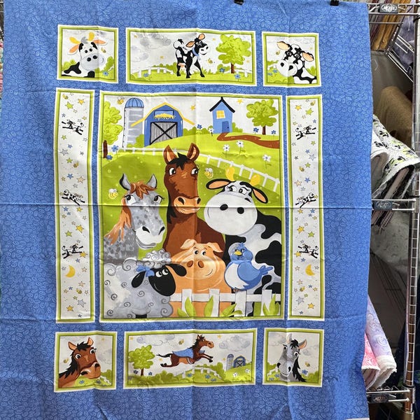 Barnyard Blues fabric Panel. 36x45.  SusyBee creator of the cutest animals!  Panel can be used for adorable quilts, wall hanging fabric