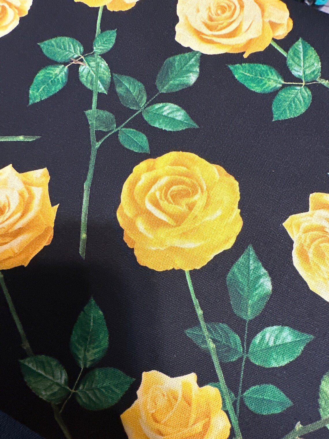 Single Yellow Rose Garden Black 45. Cotton Fabric for Quilts or ...