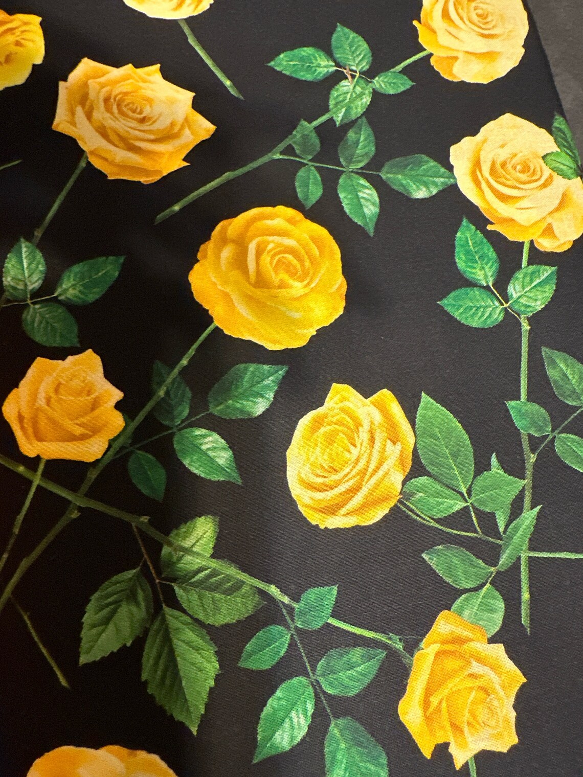 Single Yellow Rose Garden Black 45. Cotton Fabric for Quilts or ...