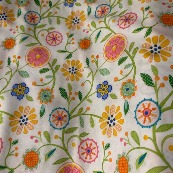 White Serendipity 45 pink and yellow flowers " Cotton Fabric, great for quilts of all types Kids, Family, & 3 yard quilts.   Benartex