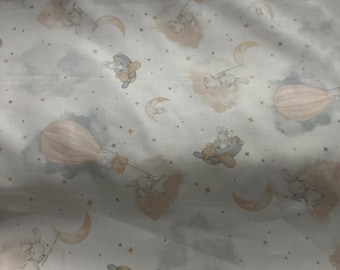 Honey Bunny cream background 45”. Cotton fabric for quilts or curtains  baby quilt bunny hot air balloon air plane