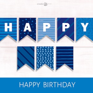 Happy Birthday Banner. BLUE PRINTABLE Banner. BLUE Happy Birthday diy Decor Blue Bunting Flags Birthday Wall decor Party banner Paper Banner