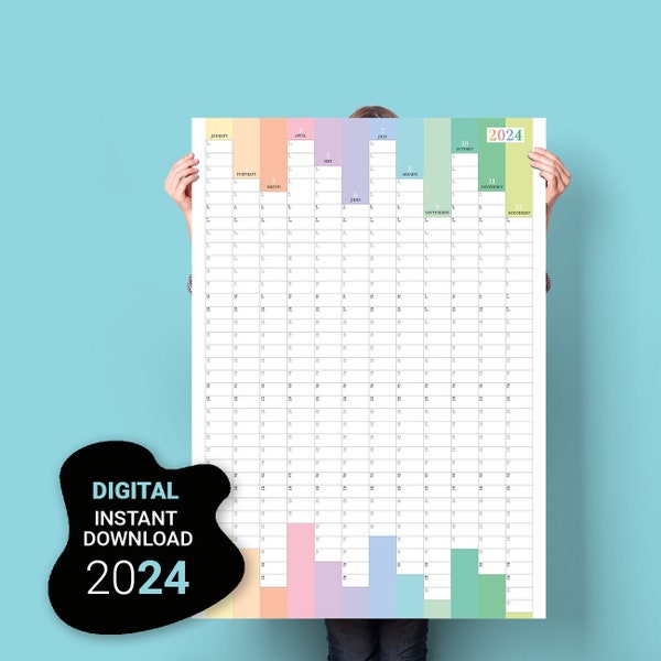 2024 Wall Calendar. PRINTABLE Planner 2024. Large Calendar. Colourful Yearly Vertical Planner.