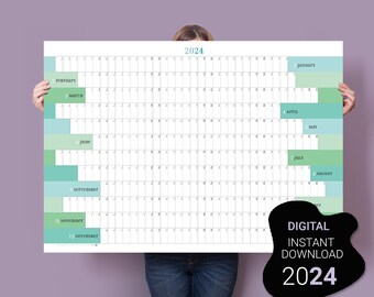 2024 Wall Calendar. PRINTABLE Calendar 2024. Large Calendar. Cool Colours Yearly Planner.