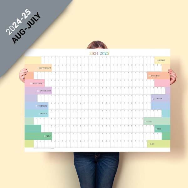 2024/25 Wall Planner – AUGUST to JULY. PRINTABLE Midyear Large Planner. Academic Year Planner.