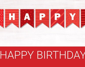 Happy Birthday Bunting Flags. Printable RED Birthday banner. Last minute Birthday decoration. DIY Banner.