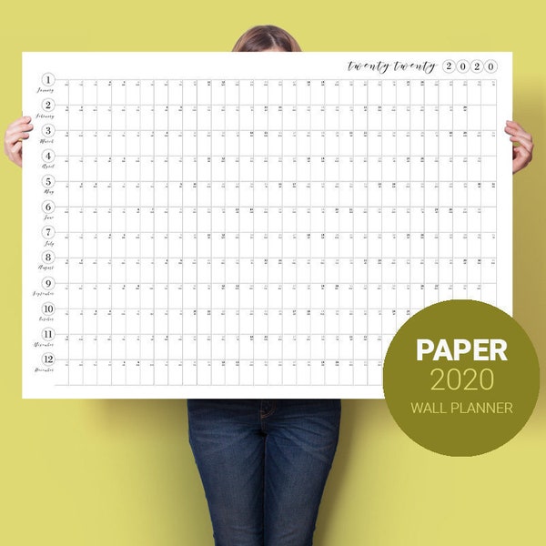 Calendario grande 2020. Planificador de pared PAPER. Planificador Familiar. Planificador de muros de negocios. Calendario Escolar 2020. Calendario anual