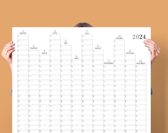 2024 Wall Planner. PRINTABLE Calendar 2024. Large Calendar. Minimalist Yearly Planner. Aligned weekends calendar.