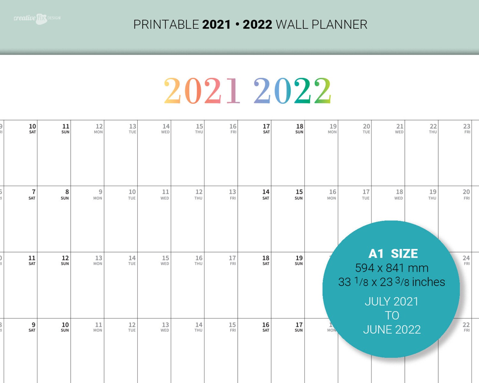 Wall Calendar JULY 2021 To JUNE 2022 PRINTABLE Midyear Large Etsy