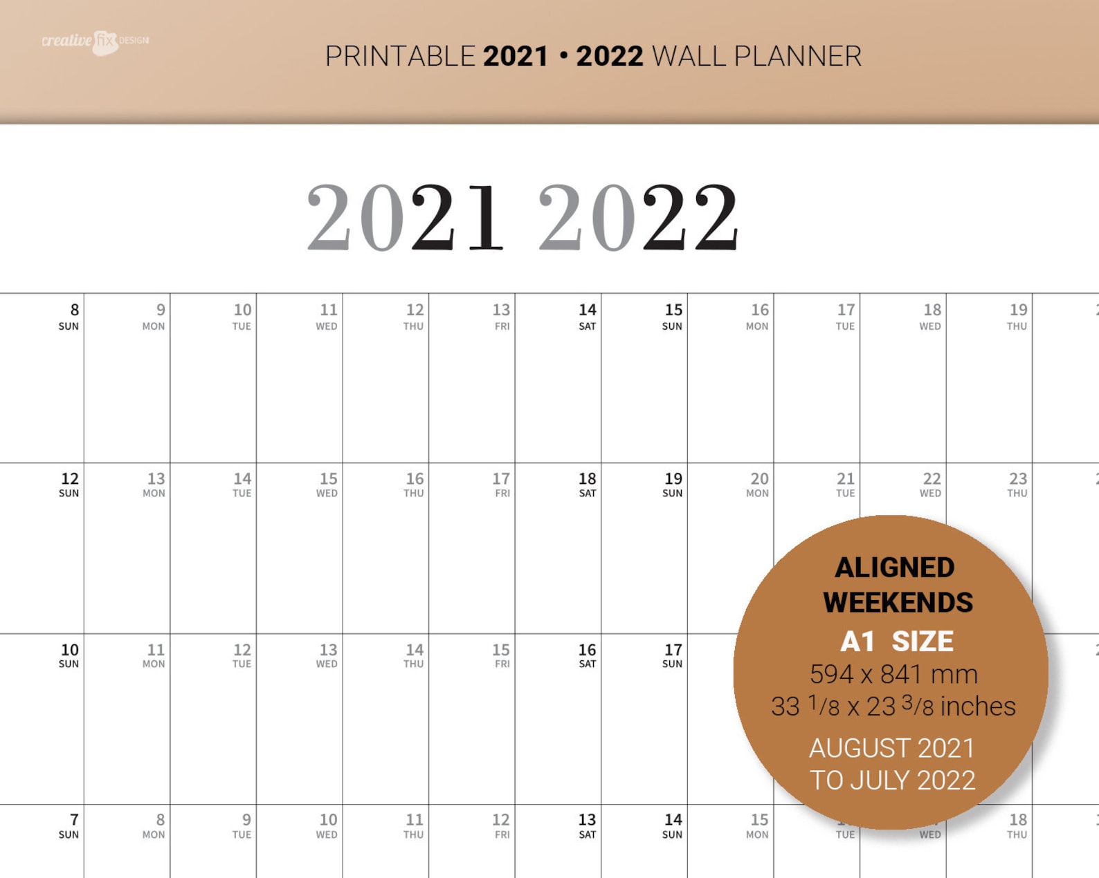 wall calendar aug 2021 to july 2022 aligned weekends etsy
