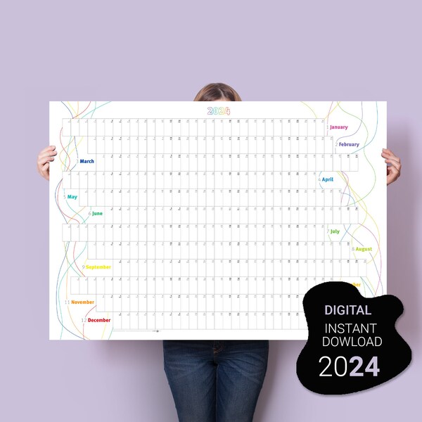 2024 Wall Calendar. Printable Planner 2024. Large Calendar. Colourful