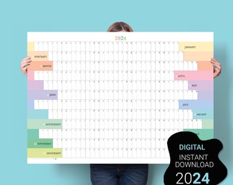 2024 Wall Planner. PRINTABLE Calendar 2024. Large Calendar. Minimalist Colourful Yearly Planner.
