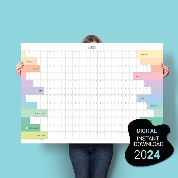 2024 Wall Planner. PRINTABLE Calendar 2024. Large Calendar. Minimalist Colourful Yearly Planner.