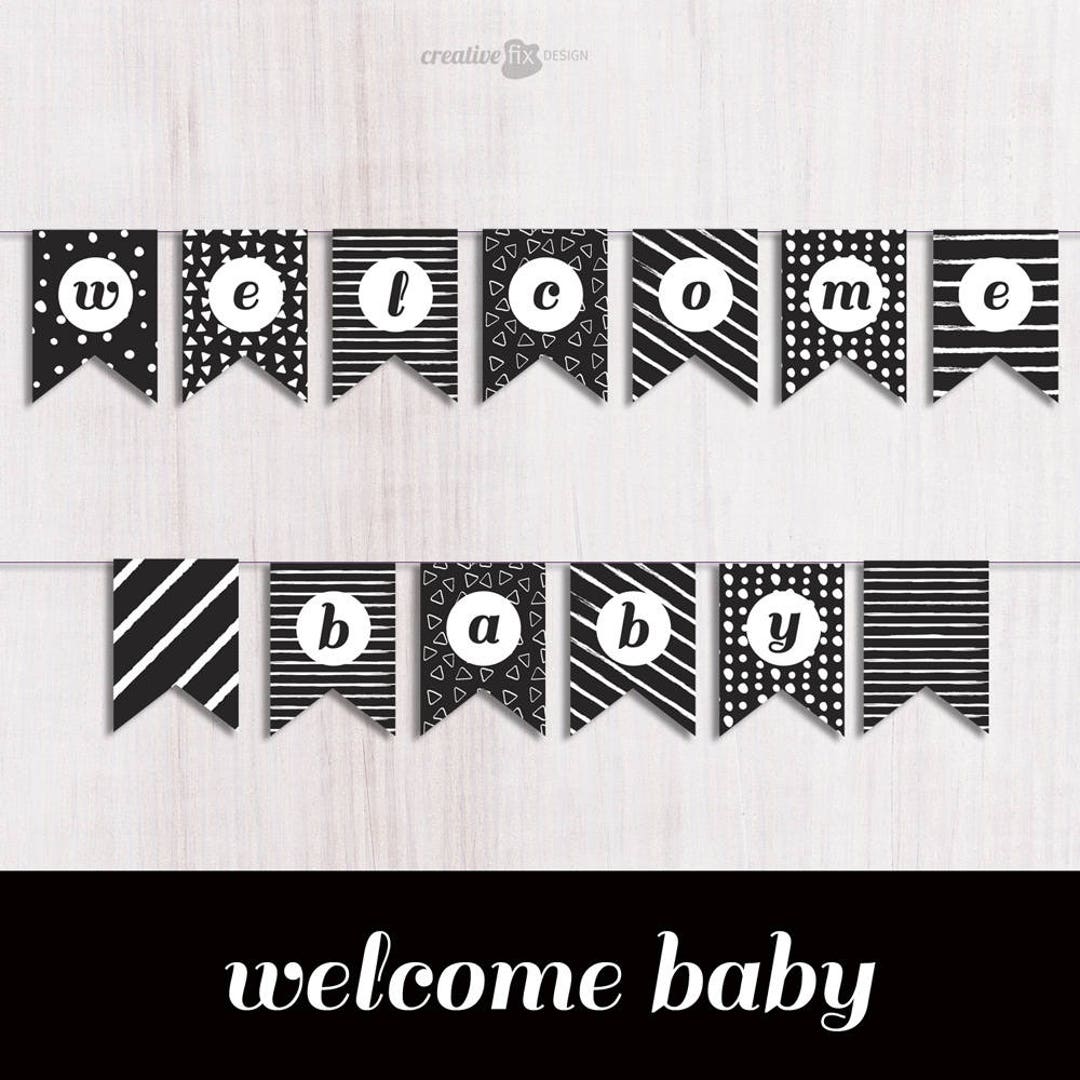 Baby PRINTABLE Black White Bunting. Baby Shower Banner. Baby