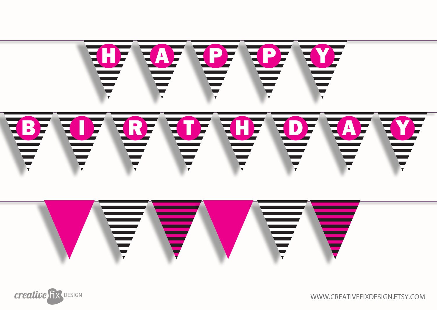 Happy Birthday Stripes Printable Banner. Black White Pink - Etsy