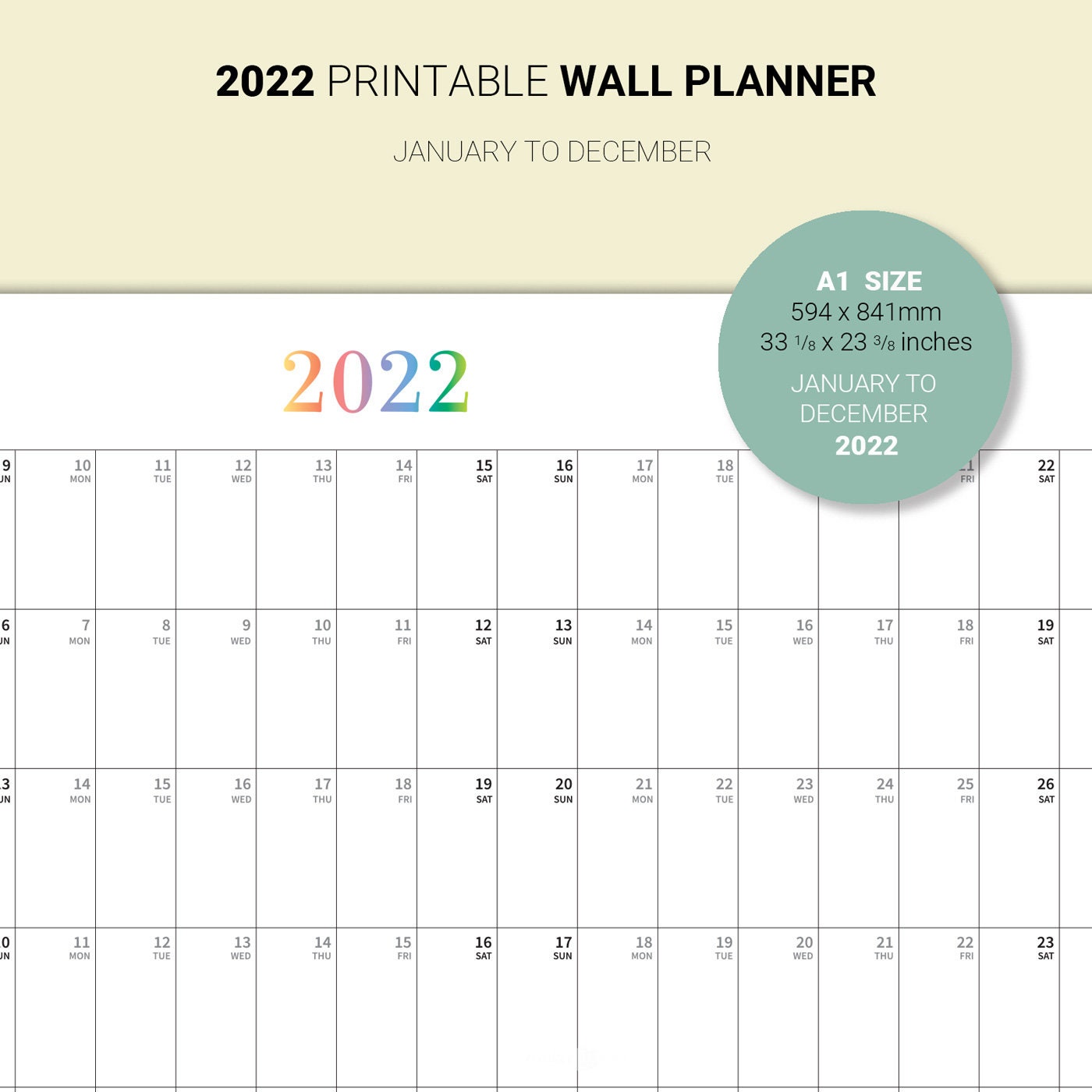 2022 Wall Planner. PRINTABLE Calendar 2022. Family Large Etsy UK