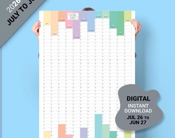 2026-27 Wall Planner – JULY to JUNE. PRINTABLE Vertical Midyear Large Planner. Australia Financial Year Planner.
