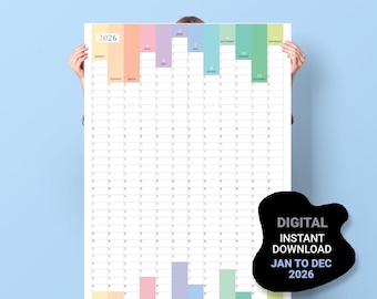 2026 Large Calendar. PRINTABLE Year Wall Planner. January to December 2026 Vertical Calendar.