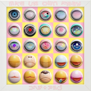 May include: A framed artwork featuring a grid of 25 circular designs. The top rows display eye-like illustrations with various colors and patterns. The bottom rows showcase emoji-style faces. The text "MAKE UP OWN FRBY" is at the top.