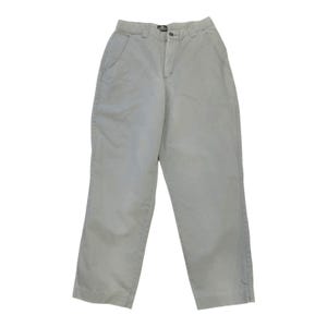 May include: Light grey pants with a classic, straight-leg design. The pants feature a button and zipper closure, belt loops, and front and back pockets. The fabric appears to be a durable cotton blend, suitable for casual wear.