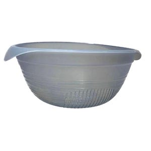 May include: A gray plastic colander with a handle. The bowl-shaped colander has a series of horizontal ridges around the sides and vertical slits at the bottom for draining. The handle is curved and extends from the rim.