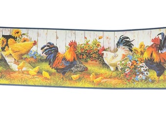 Borde de papel tapiz Decoración de granja Decoración campestre de gallina Borde de gallina amarilla Decoración de cocina de gallo Decoración de familia de gallinas Borde de cocina de granja