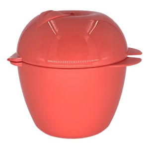 May include: A coral-colored, two-piece microwave cooker. The top piece has a rounded shape with a handle and two side tabs. The bottom piece is a rounded bowl shape. The cooker is designed for steaming or cooking food in a microwave.