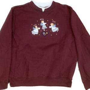 Vintage 90s Sweatshirt L Red Angels Christmas 2 Collars Long Sleeve Embroidery