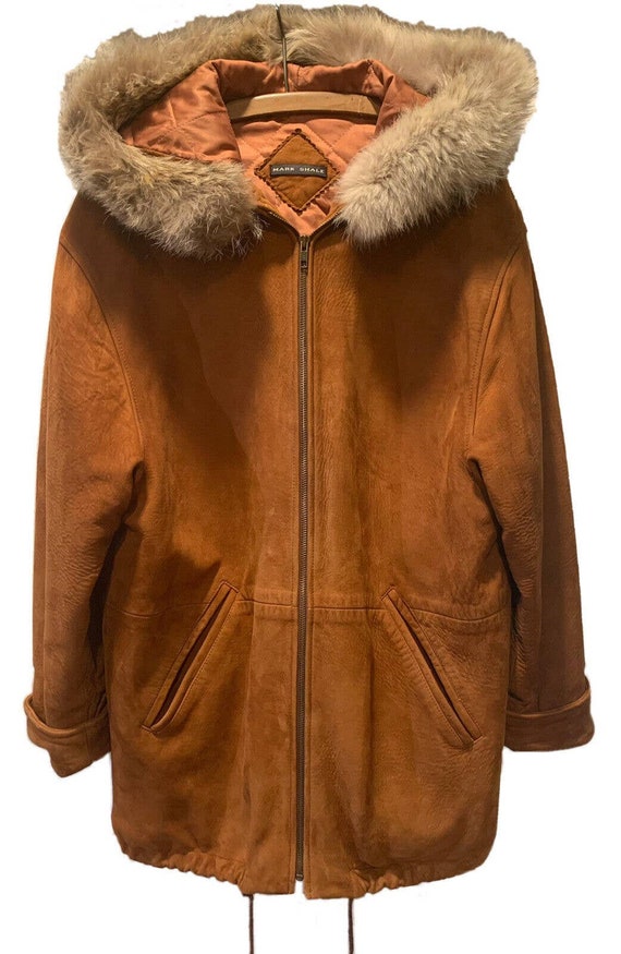 Mark Shale Womens Coat M Brown Hooded Leather Fur 