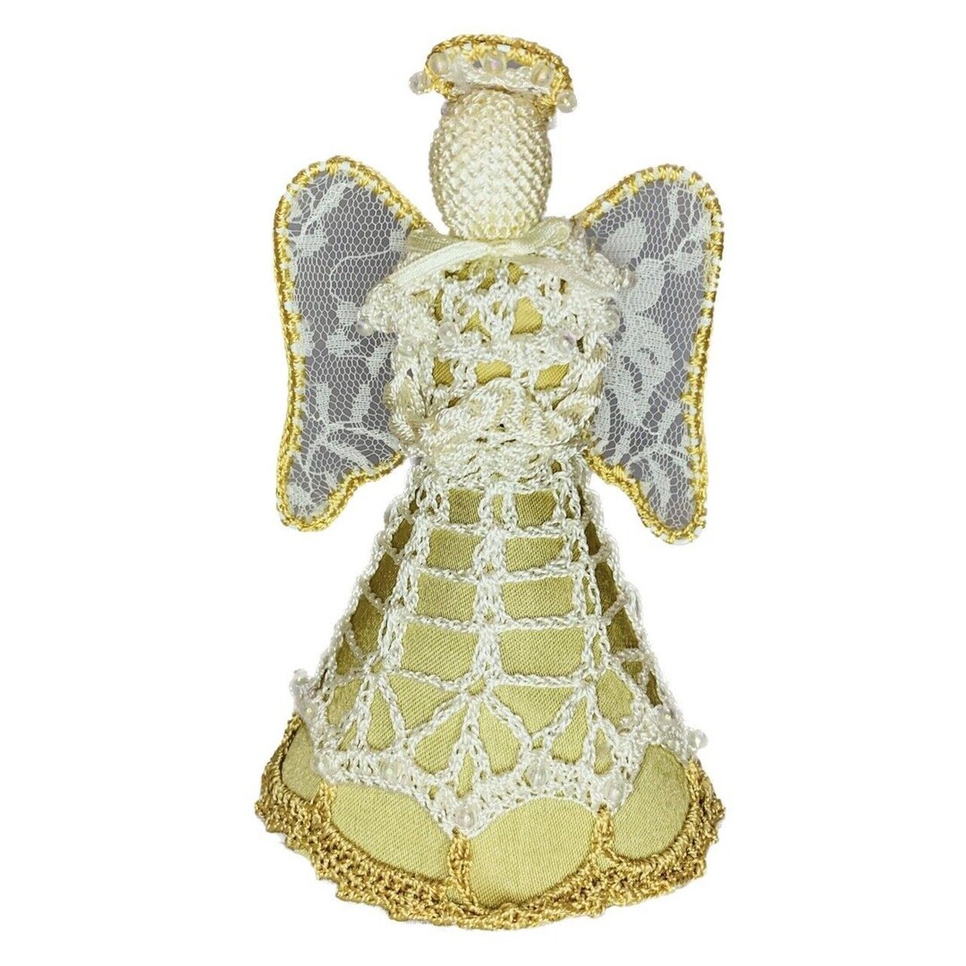 Vintage Crochet Angel Ornament Tree Topper Christmas Gold Handmade Lace ...
