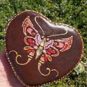 Mothers Day Gift For Her, Brown Leather Purse With Hand-Painted Red Butterfly, Coin Change Purse, Brown Leather Zip Purse With Butterflly image 10