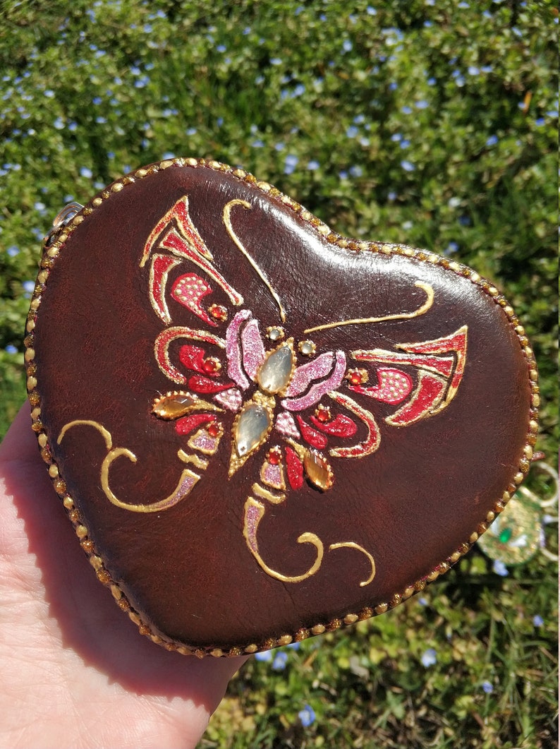 Mothers Day Gift For Her, Brown Leather Purse With Hand-Painted Red Butterfly, Coin Change Purse, Brown Leather Zip Purse With Butterflly image 10