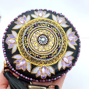 Round Mandala Leather Coin Wallet, Hand Stitched Headphones Holder, Leather Pill Pouch Leather Headphones Pouch Pill Case Round Zipper Pouch image 9