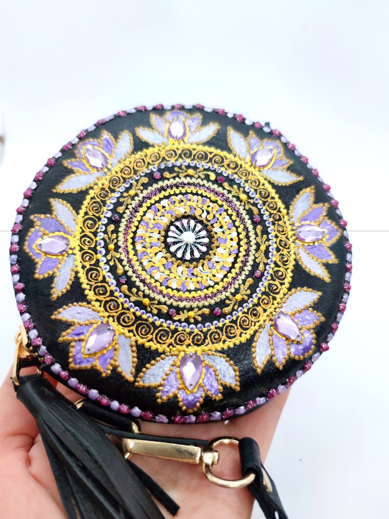 Round Mandala Leather Coin Wallet, Hand Stitched Headphones Holder, Leather Pill Pouch Leather Headphones Pouch Pill Case Round Zipper Pouch image 9