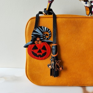 Halloween Leather Bag Charm: Pumpkin, Witch's Broom Decor
