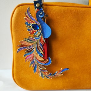 Leather Phoenix  Bag Charm, Dainty Bird Purse Charm, Red and Gold Leather Purse Charm, Firebird Charm, Gift for Her, Fiery Phoenix Feather