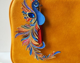 Handmade Leather Phoenix Bag Charm: Red & Gold Firebird Purse Charm