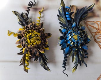 Leather Flower Bag Charm: Blue, Yellow Chrysanthemum Purse Clip
