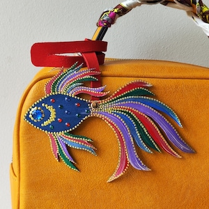 Handmade Leather Fish Bag Charm: Colorful Painted Ornament