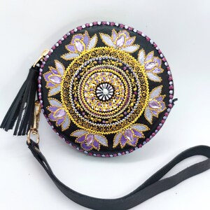 Round Mandala Leather Coin Wallet, Hand Stitched Headphones Holder, Leather Pill Pouch Leather Headphones Pouch Pill Case Round Zipper Pouch image 8