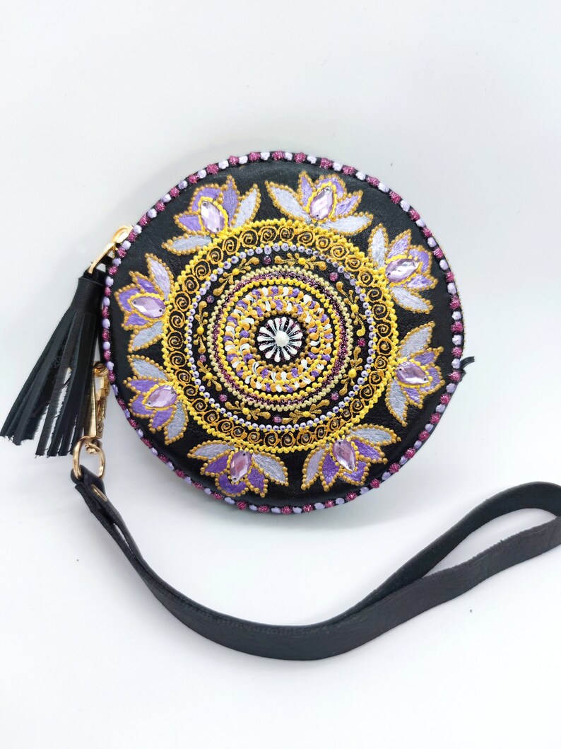 Round Mandala Leather Coin Wallet, Hand Stitched Headphones Holder, Leather Pill Pouch Leather Headphones Pouch Pill Case Round Zipper Pouch image 8