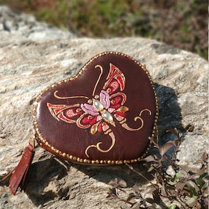 Mothers Day Gift For Her, Brown Leather Purse With Hand-Painted Red Butterfly, Coin Change Purse, Brown Leather Zip Purse With Butterflly image 1