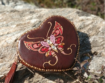 Mothers Day Gift For Her, Brown Leather Purse With Hand-Painted Red Butterfly, Coin Change Purse, Brown Leather Zip Purse With Butterflly