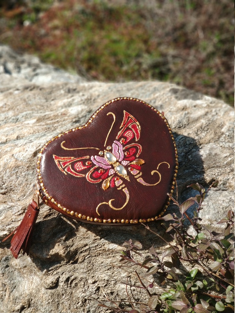 Mothers Day Gift For Her, Brown Leather Purse With Hand-Painted Red Butterfly, Coin Change Purse, Brown Leather Zip Purse With Butterflly image 1