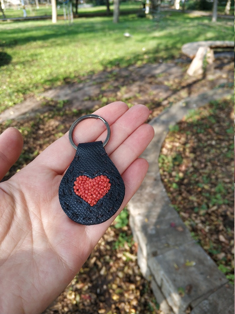 Hand-Beaded Heart Leather Keychain Charm or Keychain Gift for Girlfriend Wife 40th Anniversary Present Hearts for Her Unique Leather Gifts image 6